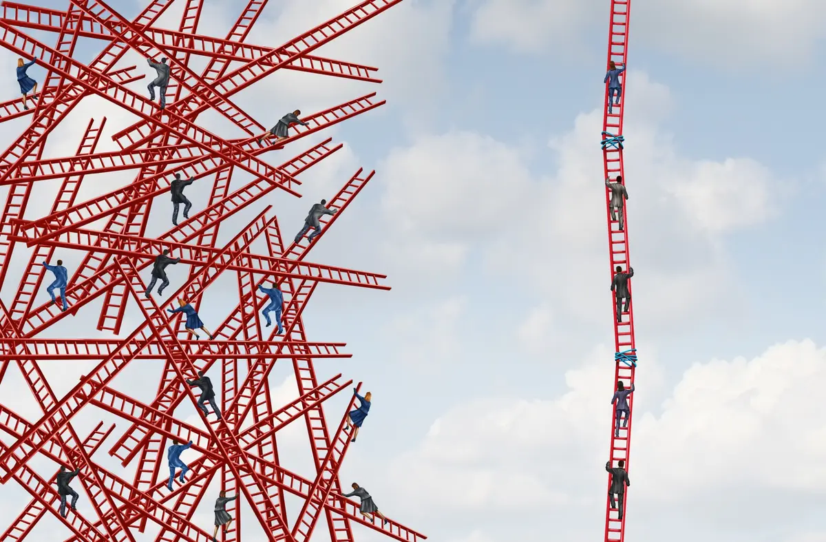 Tangled ladders contrasted with a clear path forward